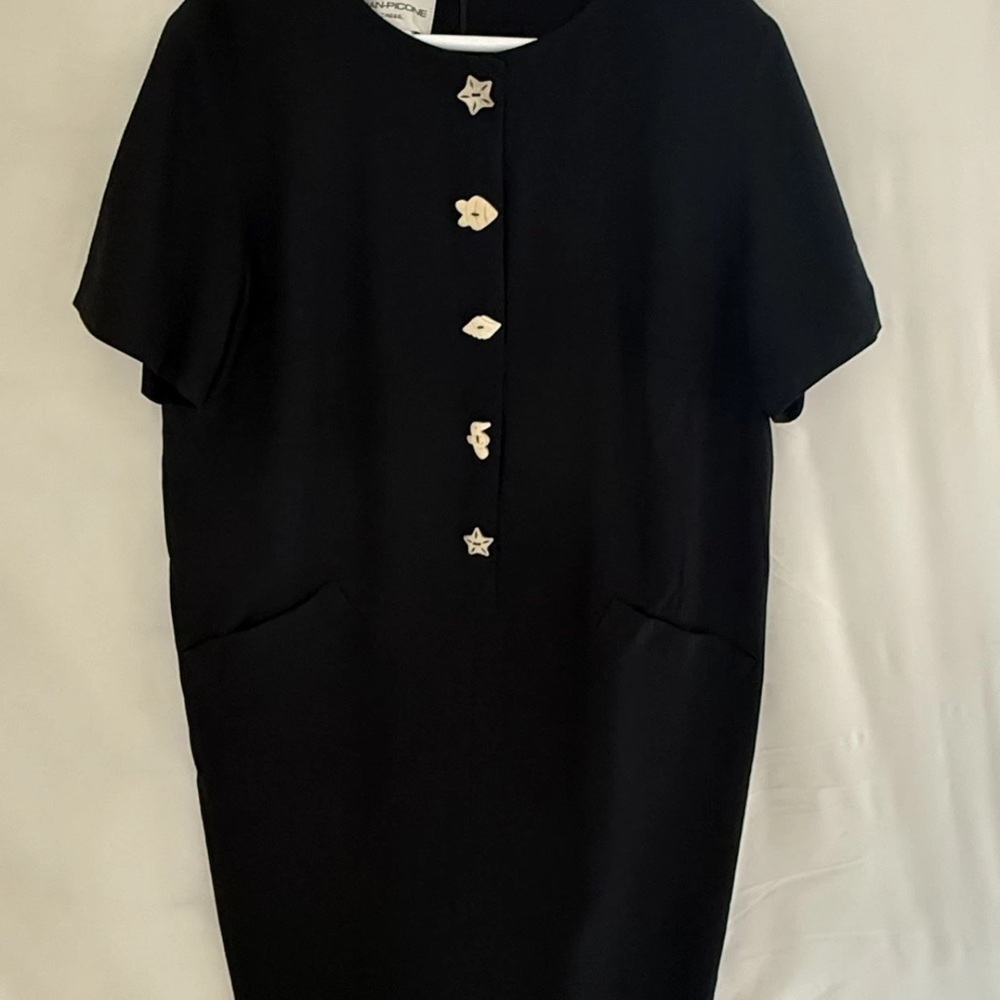 Evan-Picone Dress 16W Black Shift Short Sleeve Novelty Metal Button Retro Sheath